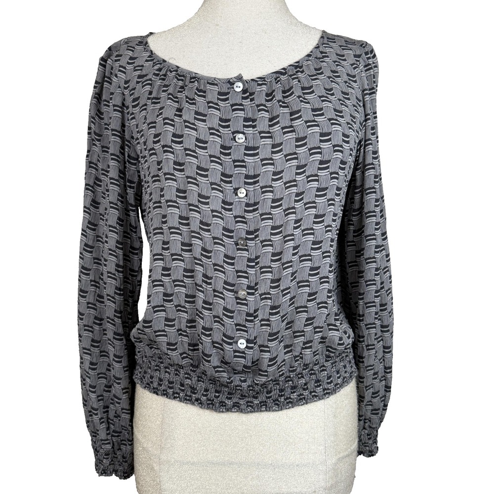 Y2K Be Blouse Womens 12 Gray Silk Geometric Button Scoop Neck Smocked Hem Top